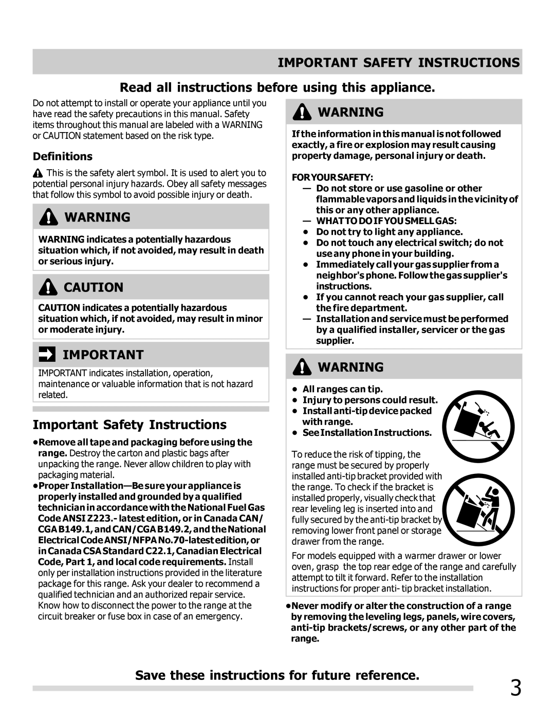 Frigidaire 316901207 important safety instructions Important Safety Instructions, Definitions 