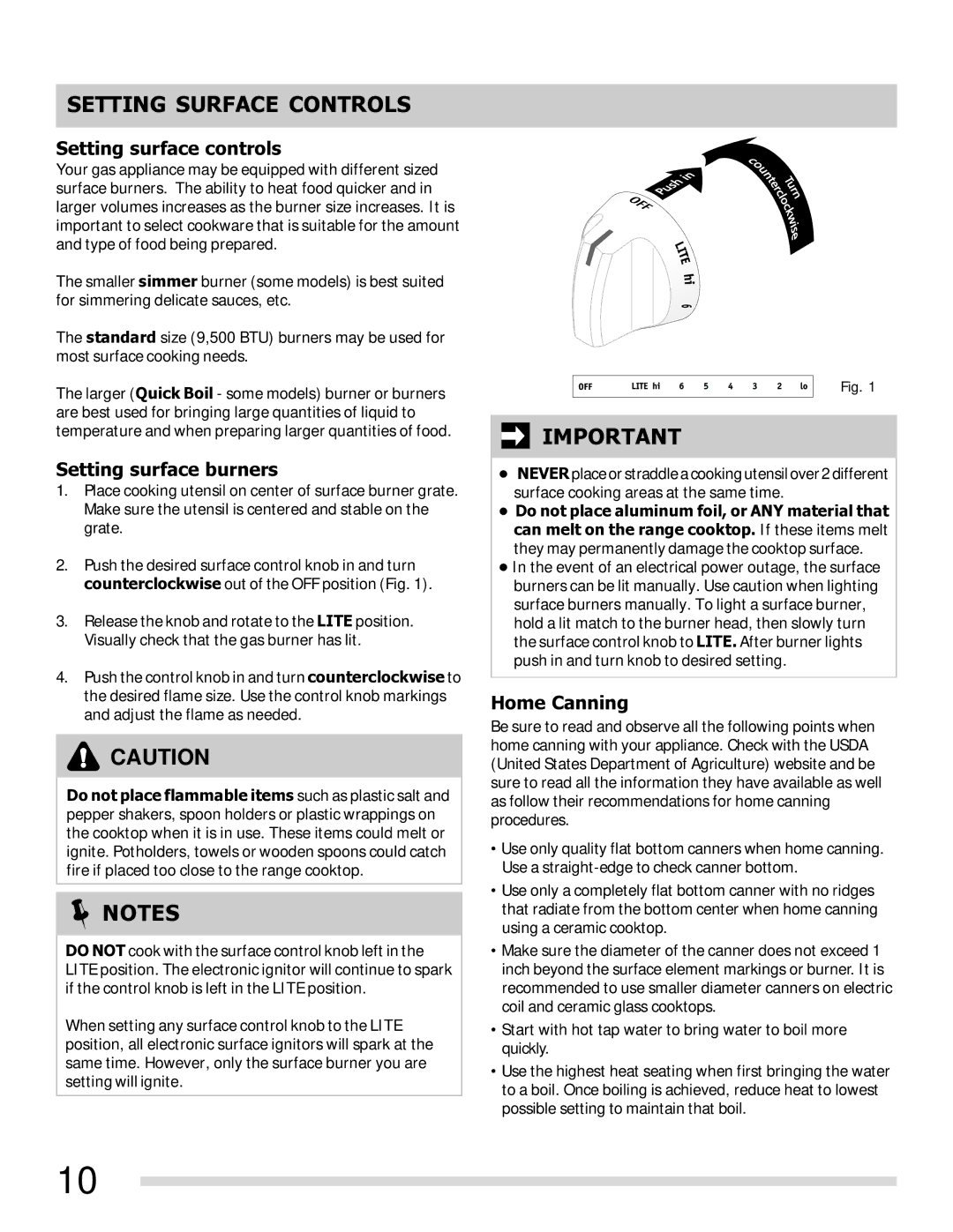 Frigidaire 316901213, FFGF3027LB Setting Surface Controls, Setting surface controls, Setting surface burners, Home Canning 