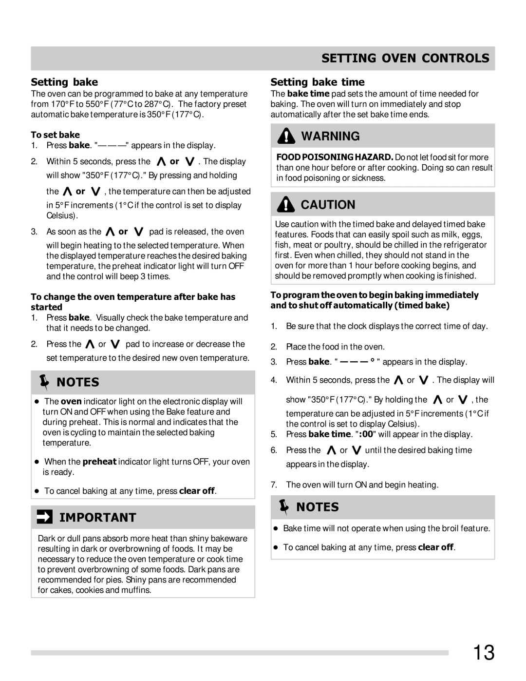 Frigidaire FFGF3023LW, 316901213 Setting bake time, To set bake, To change the oven temperature after bake has started 