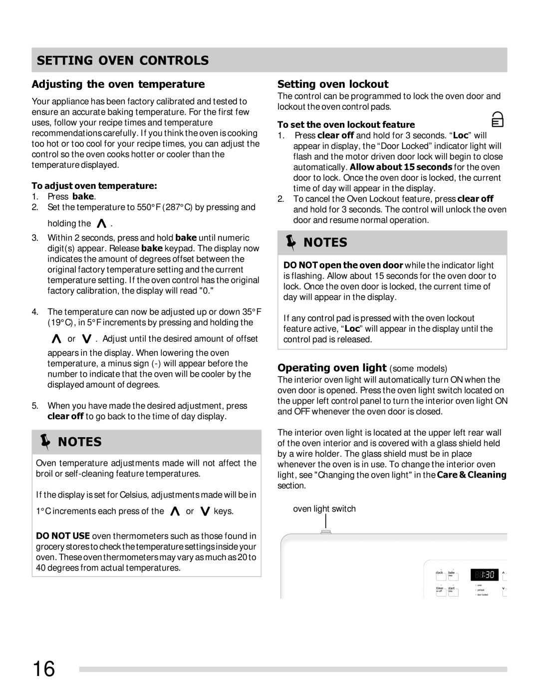 Frigidaire FFGF3027LS, 316901213 Adjusting the oven temperature, Setting oven lockout, Operating oven light some models 