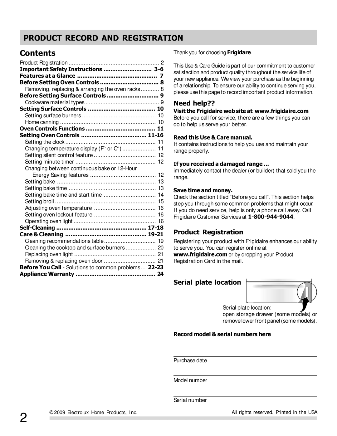 Frigidaire FFGF3023LM, 316901213, FFGF3027LB, FFGF3023LW, FFGF3021LW, FFGF3023LQ Product Record and Registration, Contents 