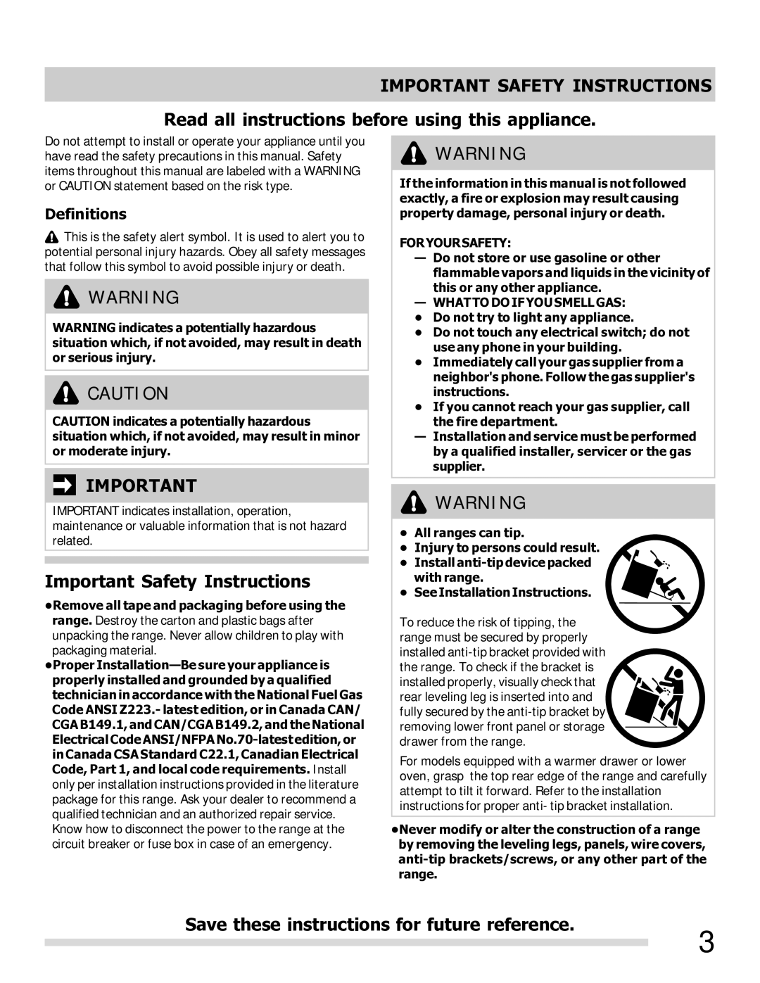 Frigidaire FFGF3023LW, 316901213, FFGF3027LB, FFGF3023LM, FFGF3021LW, FFGF3023LQ Important Safety Instructions, Definitions 