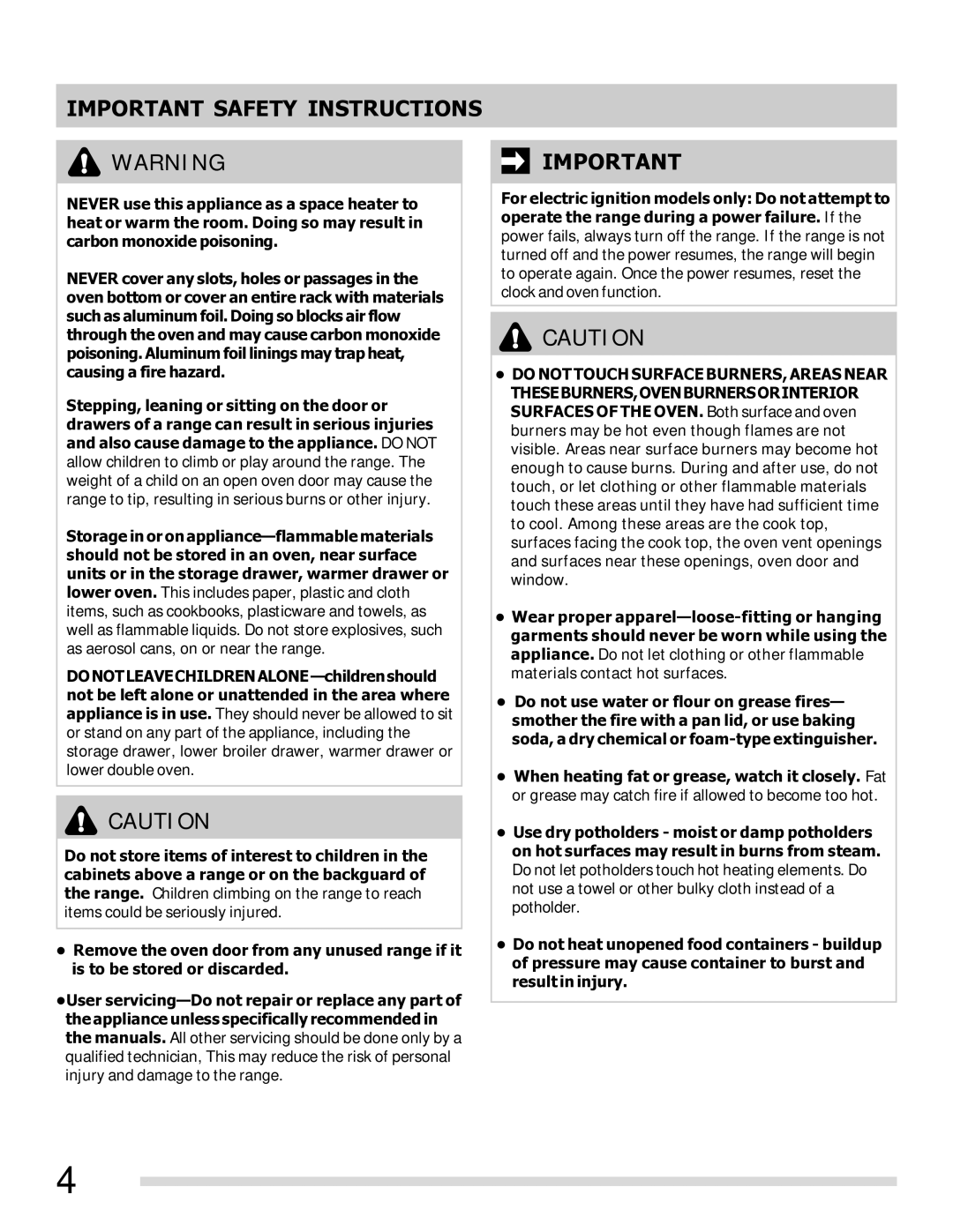 Frigidaire FFGF3021LW, 316901213, FFGF3027LB, FFGF3023LM, FFGF3023LW, FFGF3023LQ, FFGF3027LS Important Safety Instructions 