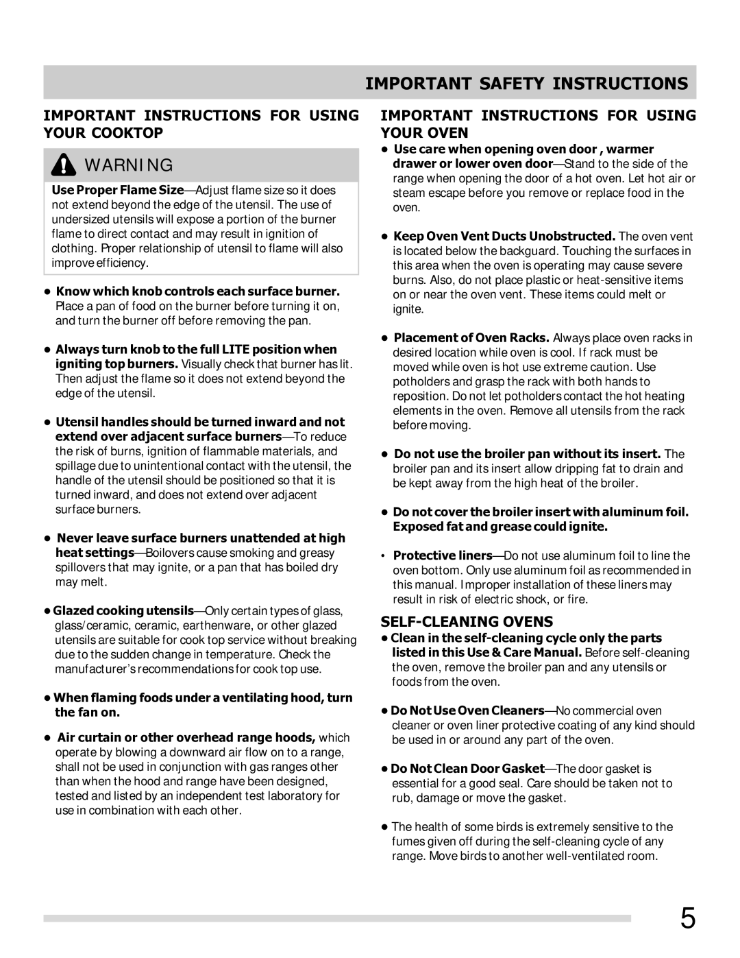 Frigidaire FFGF3023LQ, 316901213, FFGF3027LB, FFGF3023LM, FFGF3023LW, FFGF3021LW Important Instructions for Using Your Cooktop 