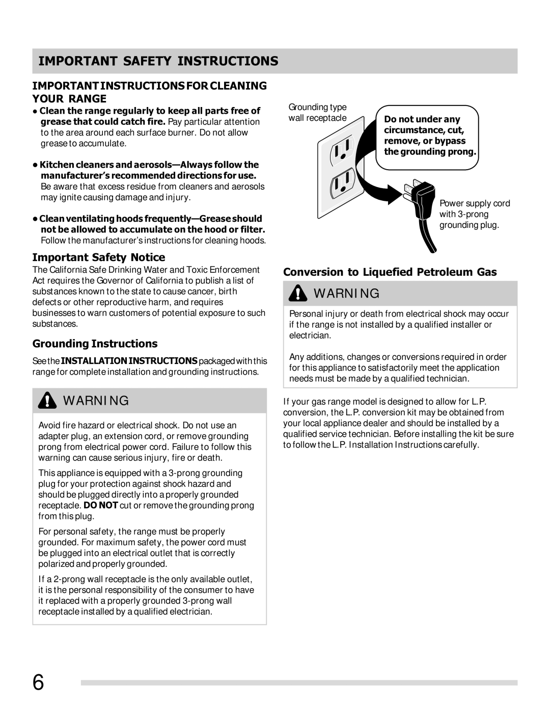 Frigidaire FFGF3027LS, 316901213 Important Safety Notice, Grounding Instructions, Conversion to Liquefied Petroleum Gas 