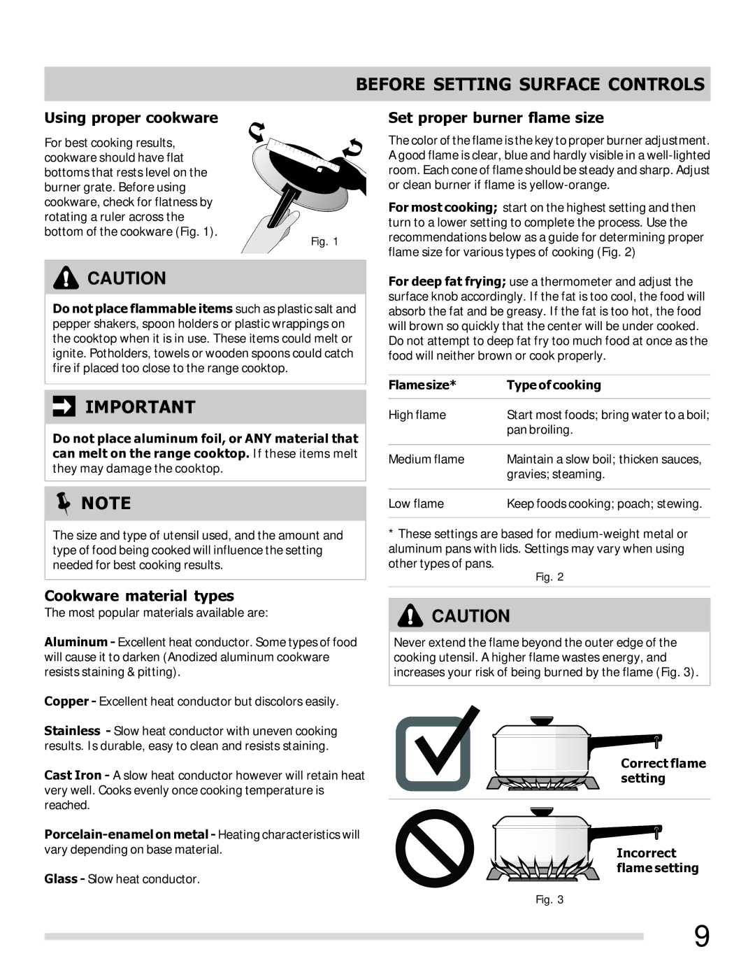Frigidaire FFGF3053LS, 316901213 Before Setting Surface Controls, Using proper cookware, Set proper burner flame size 