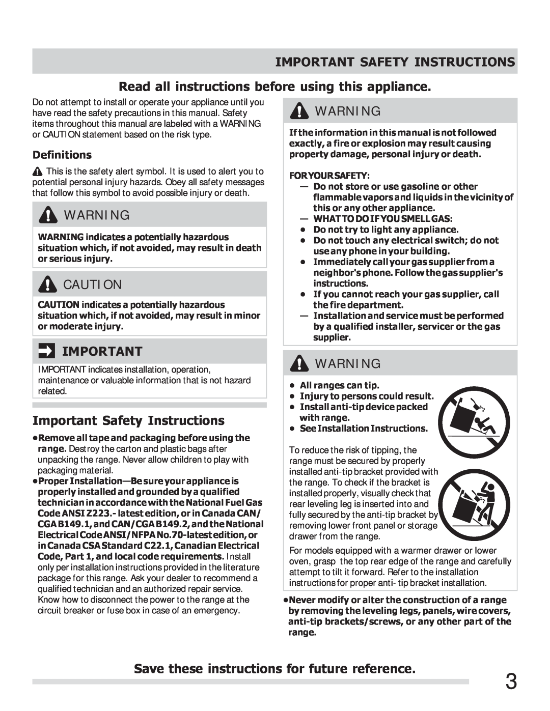Frigidaire FFGF3023LW Important Safety Instructions, Read all instructions before using this appliance, Definitions 