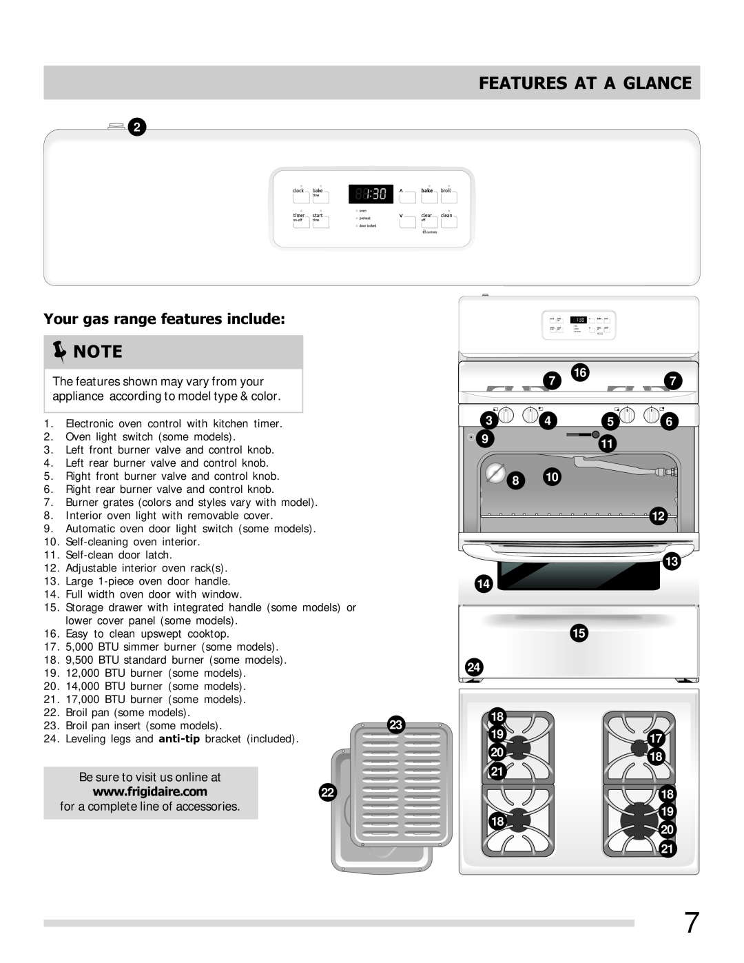 Frigidaire FFGF3027LW, 316901213, FFGF3027LB, FFGF3023LM, FFGF3023LW Features At A Glance, Your gas range features include 
