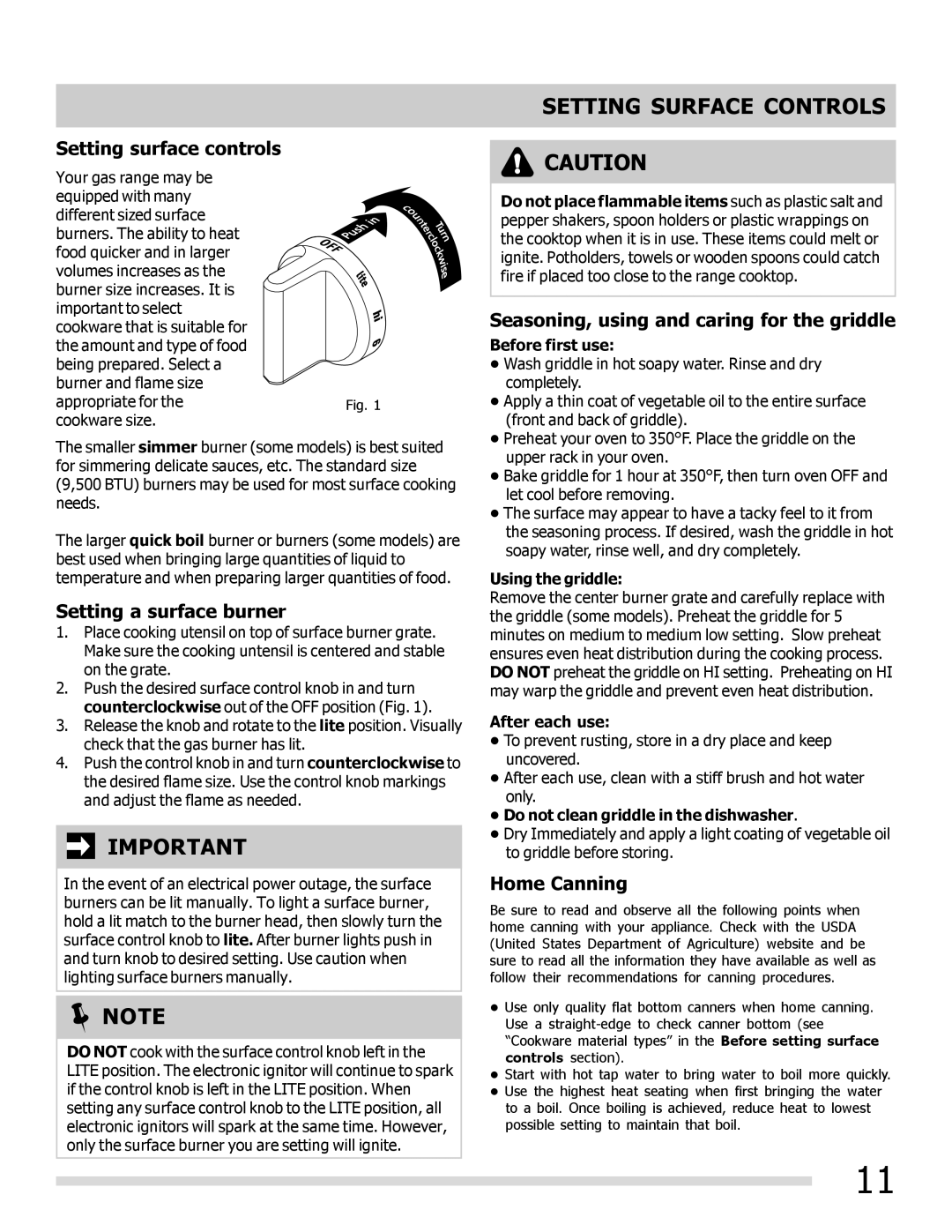 Frigidaire CGGF3054KF Setting Surface Controls, Setting surface controls, Setting a surface burner, Home Canning 