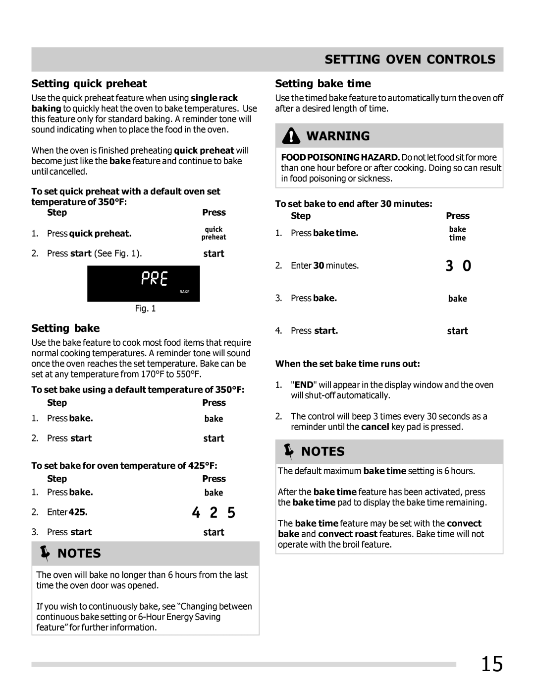 Frigidaire CGGF3054KF, 316901300 Setting quick preheat, Setting bake time, When the set bake time runs out 