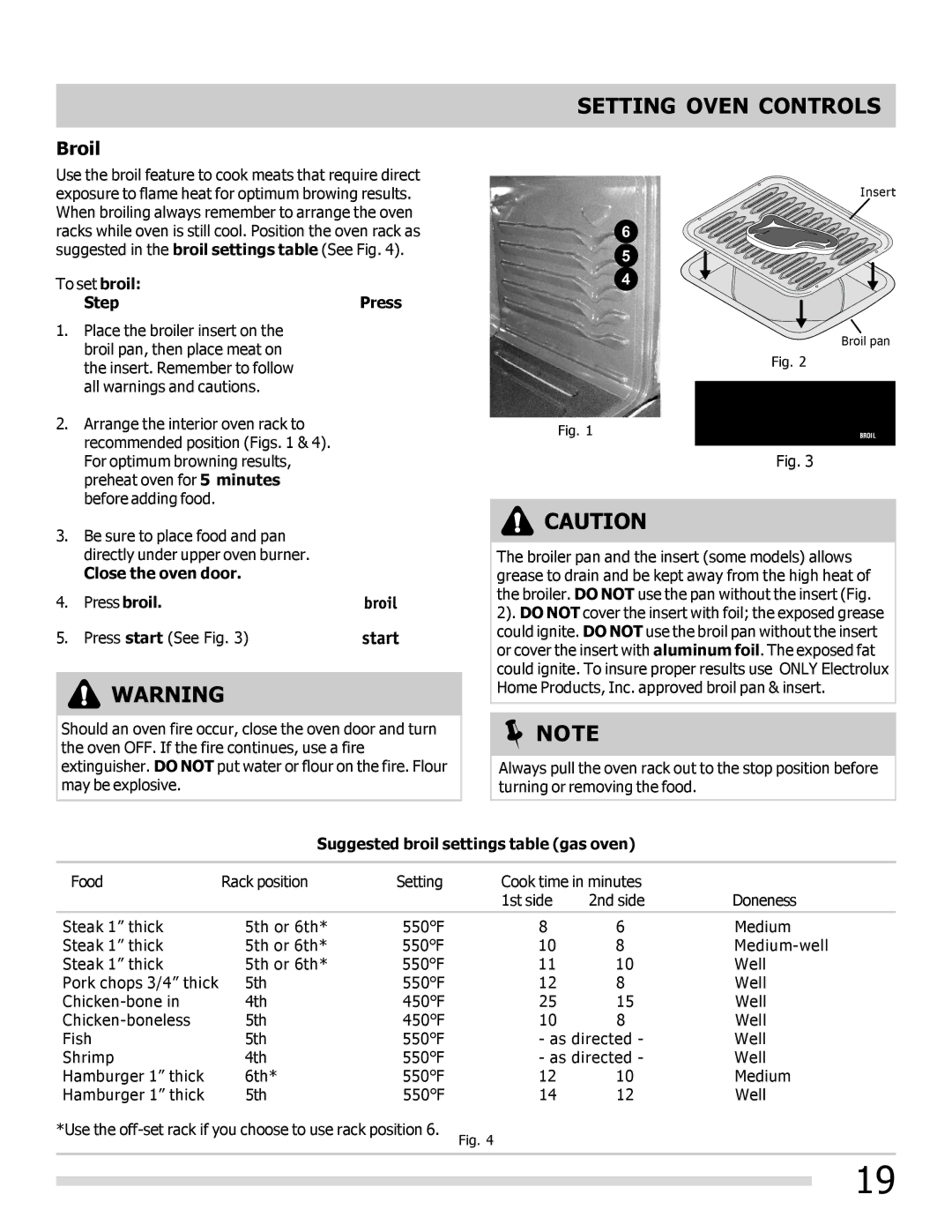 Frigidaire CGGF3054KF Broil, To set broil Step Press, Close the oven door, Suggested broil settings table gas oven 