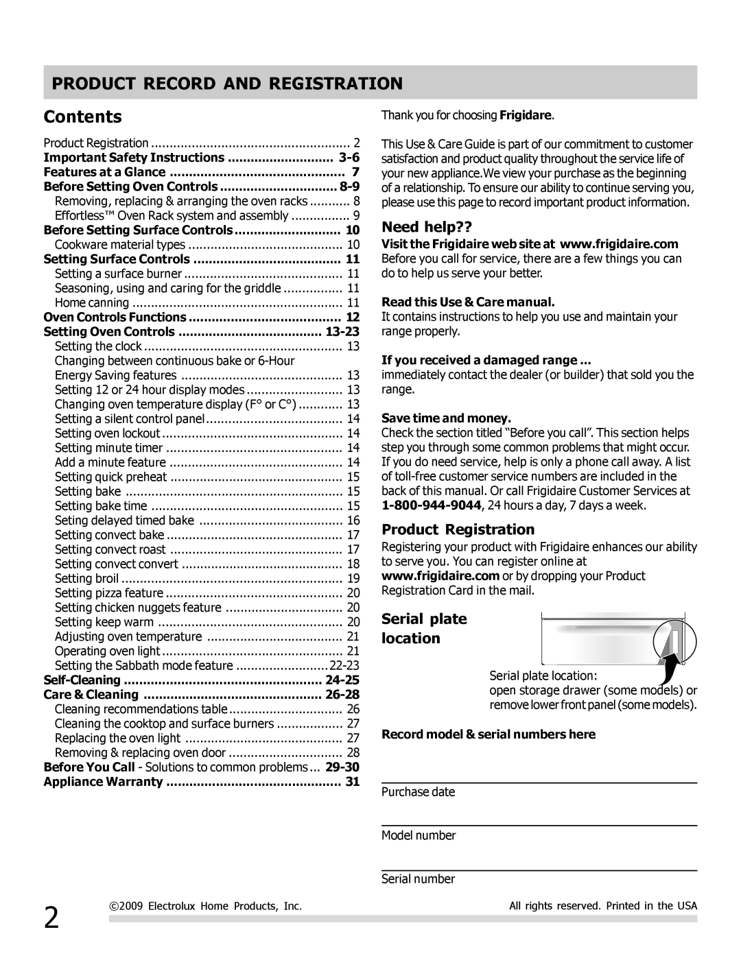 Frigidaire 316901300, CGGF3054KF important safety instructions Product Record and Registration, Contents 