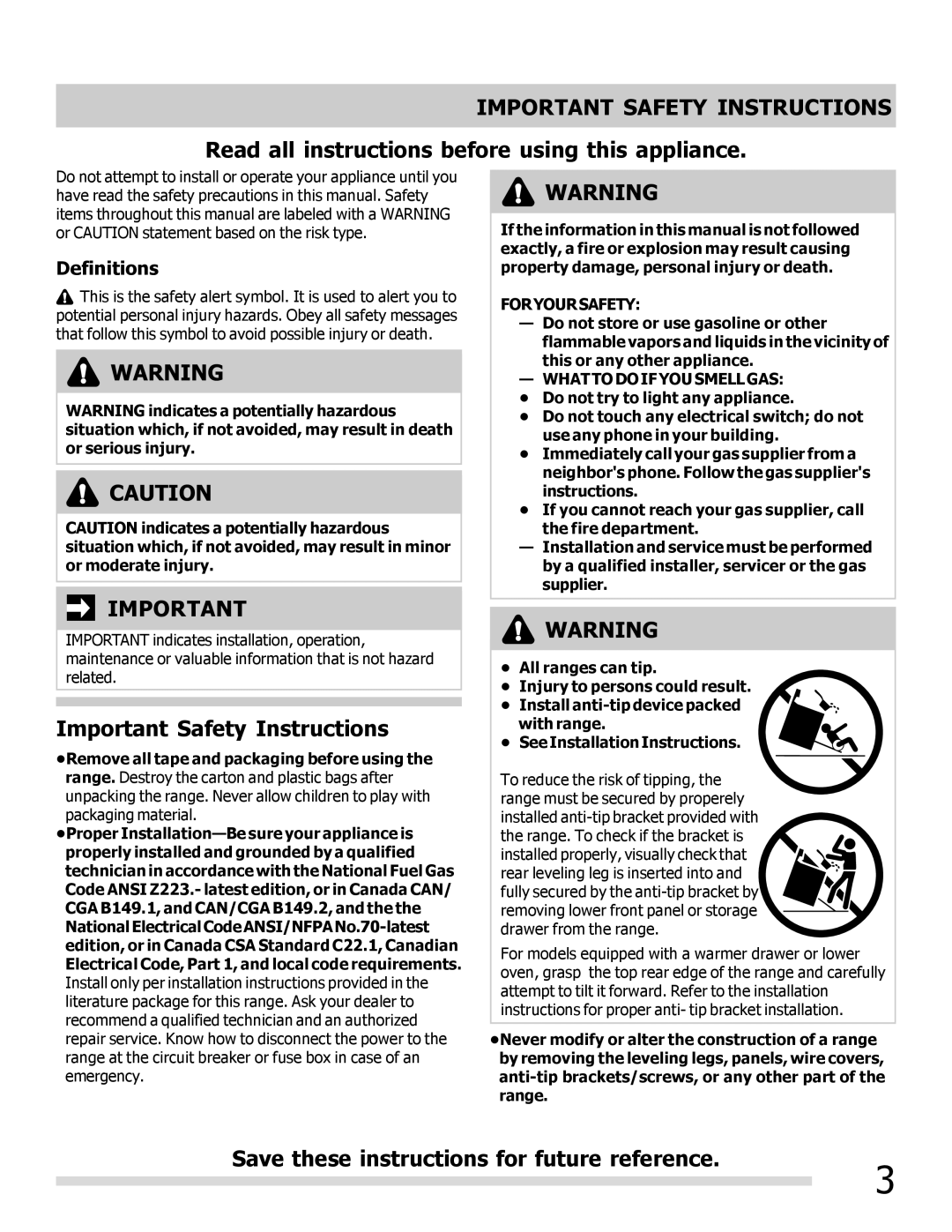 Frigidaire CGGF3054KF, 316901300 important safety instructions Important Safety Instructions, Definitions 