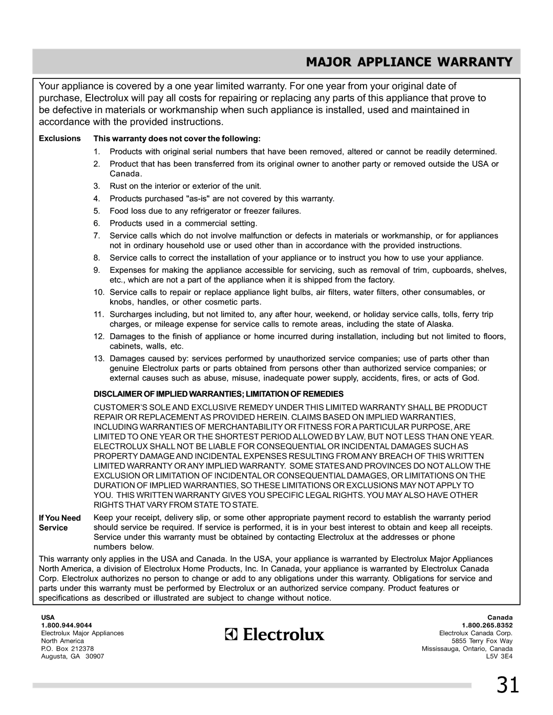 Frigidaire CGGF3054KF, 316901300 Major Appliance Warranty, Disclaimer of Implied Warranties Limitation of Remedies 