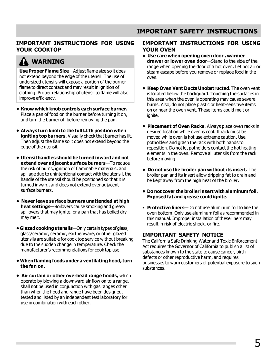 Frigidaire CGGF3054KF, 316901300 important safety instructions Important Instructions for Using Your Cooktop 