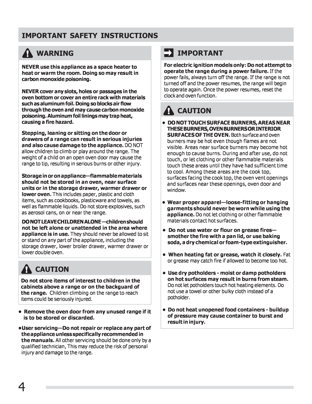 Frigidaire 316901300, CGGF3054KF important safety instructions Important Safety Instructions 