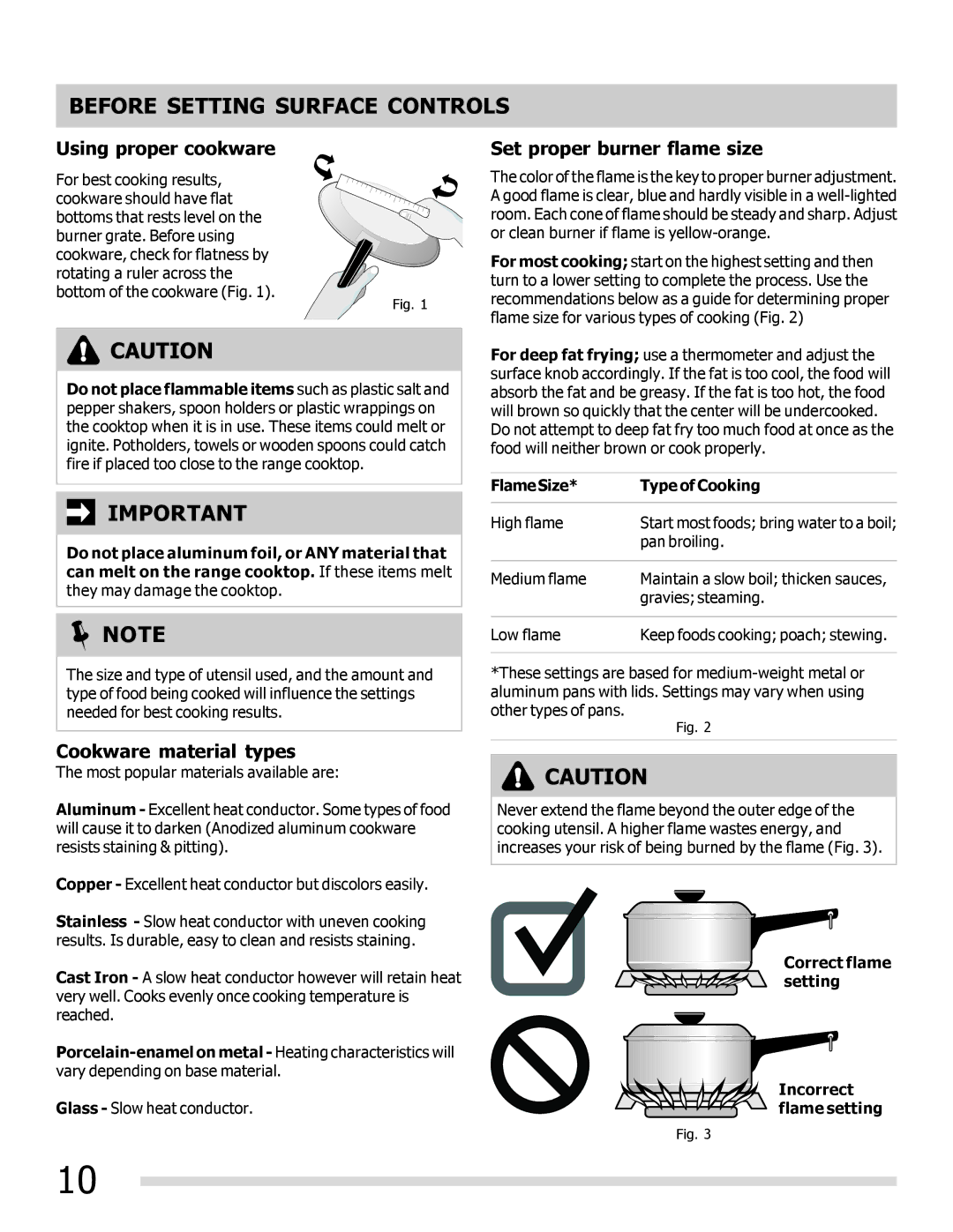 Frigidaire 316901301 manual Before Setting Surface Controls, Using proper cookware, Set proper burner flame size 