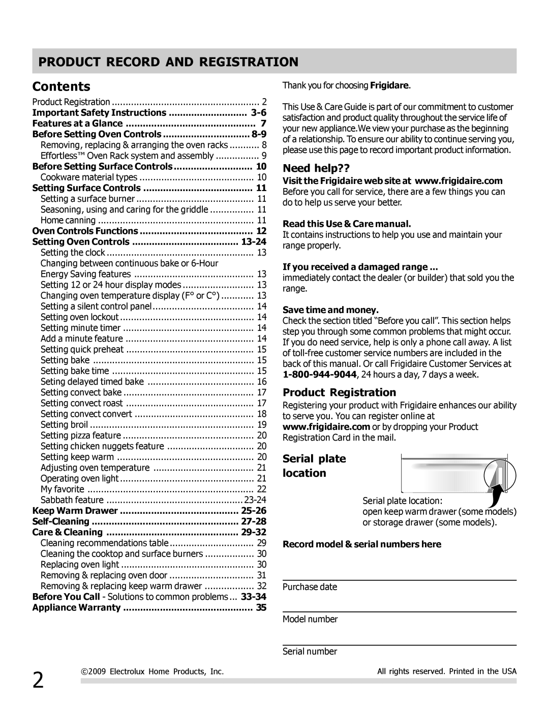 Frigidaire 316901301 manual Product Record and Registration, Contents 