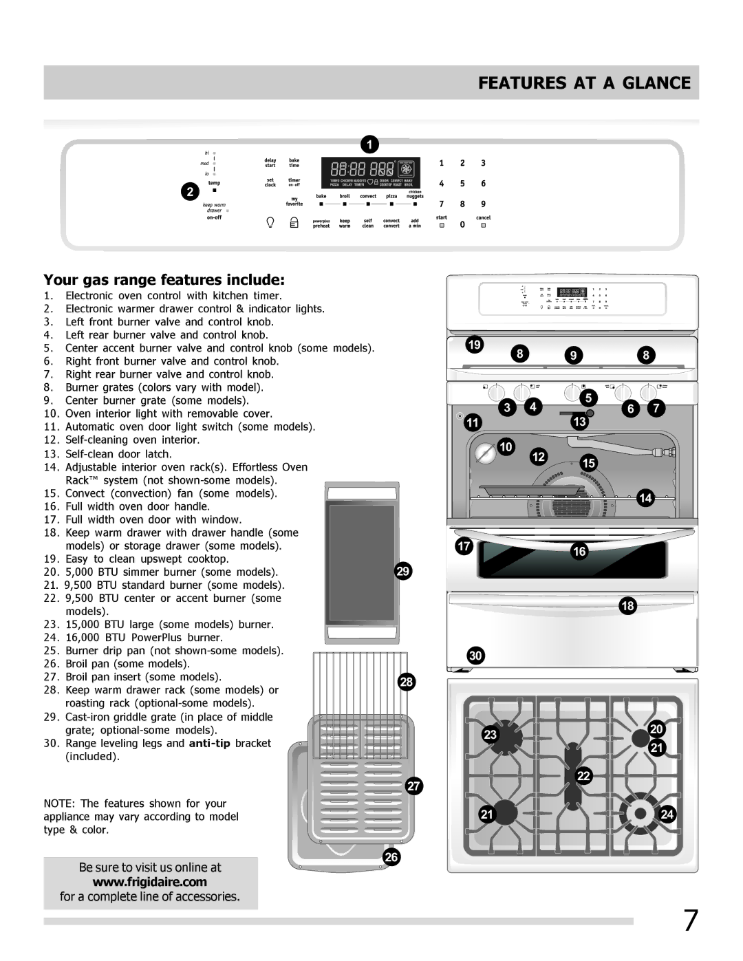 Frigidaire 316901301 manual Features AT a Glance, Your gas range features include 