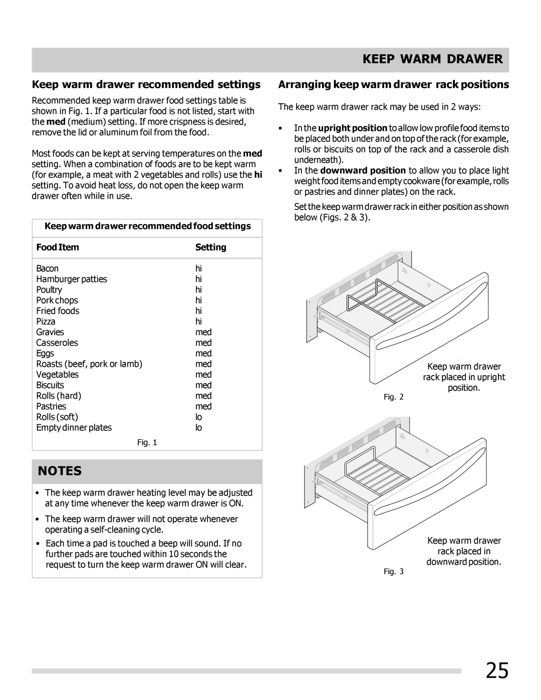 Frigidaire 316901303 Keep warm drawer recommended settings, Arranging keep warm drawer rack positions 