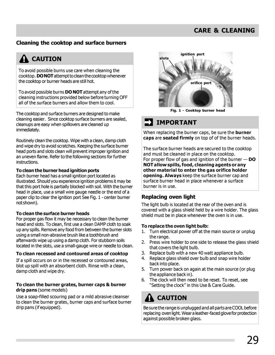 Frigidaire 316901303 important safety instructions Cleaning the cooktop and surface burners, Replacing oven light 