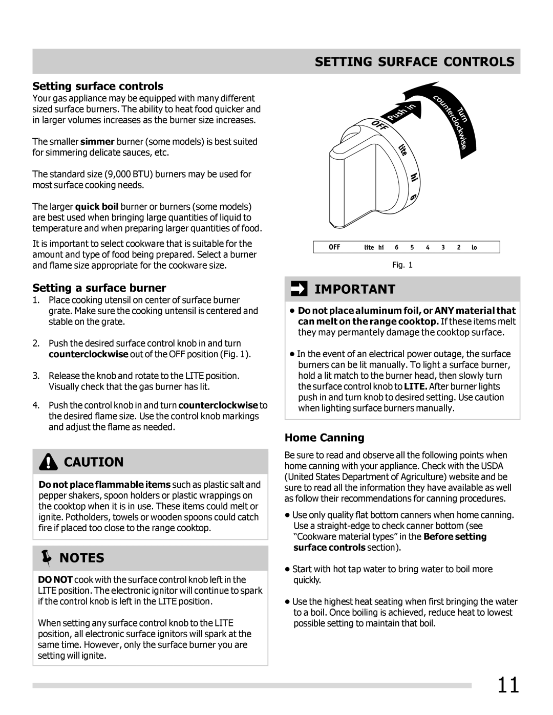 Frigidaire 316901309 Setting Surface Controls, Setting surface controls, Setting a surface burner, Home Canning 