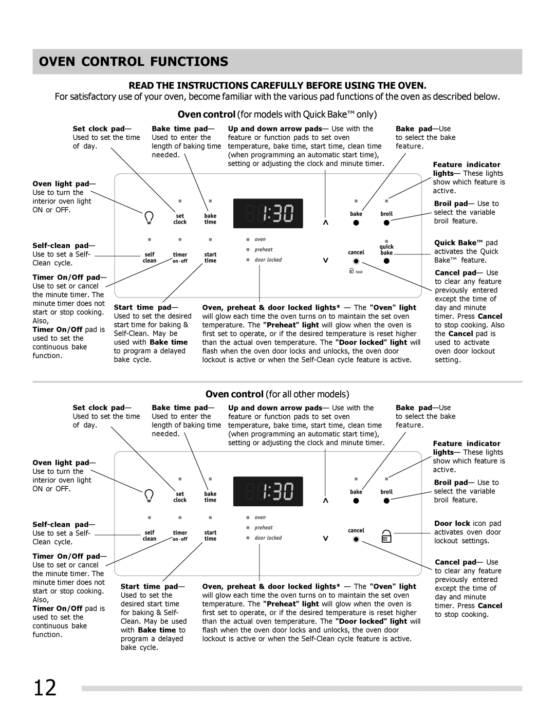 Frigidaire 316901309 Oven Control Functions, Read the Instructions Carefully Before Using the Oven 