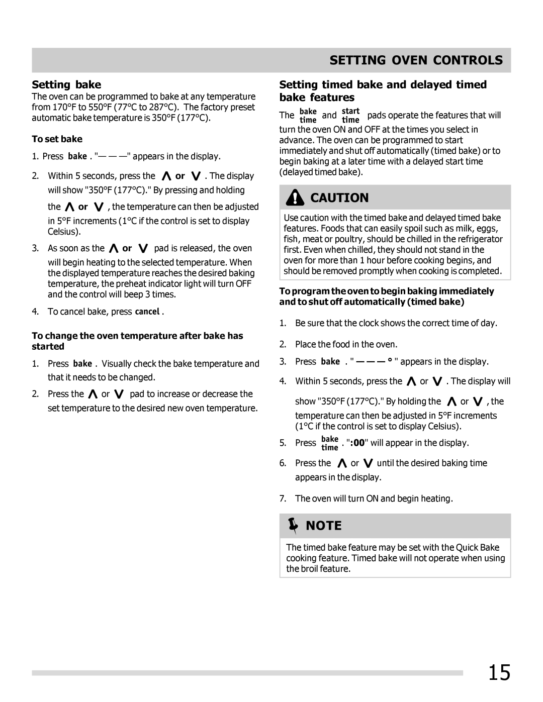 Frigidaire 316901309 Setting bake, Setting timed bake and delayed timed bake features, To set bake 