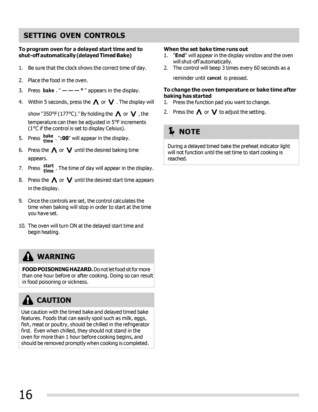 Frigidaire 316901309 important safety instructions When the set bake time runs out 