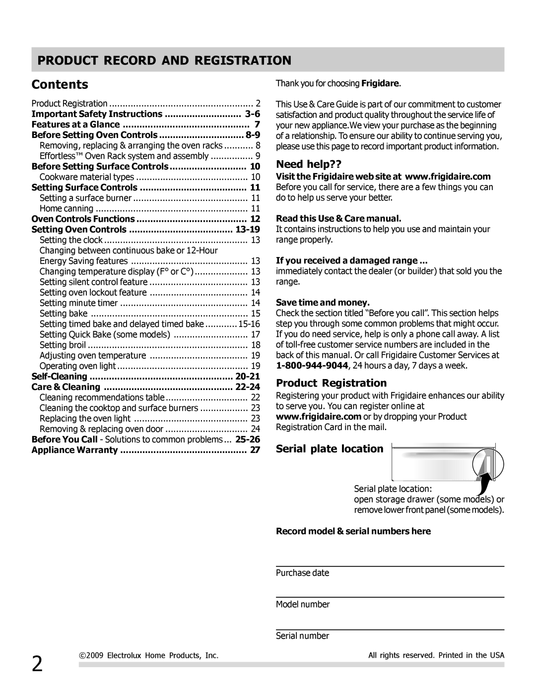 Frigidaire 316901309 important safety instructions Product Record and Registration, Contents 