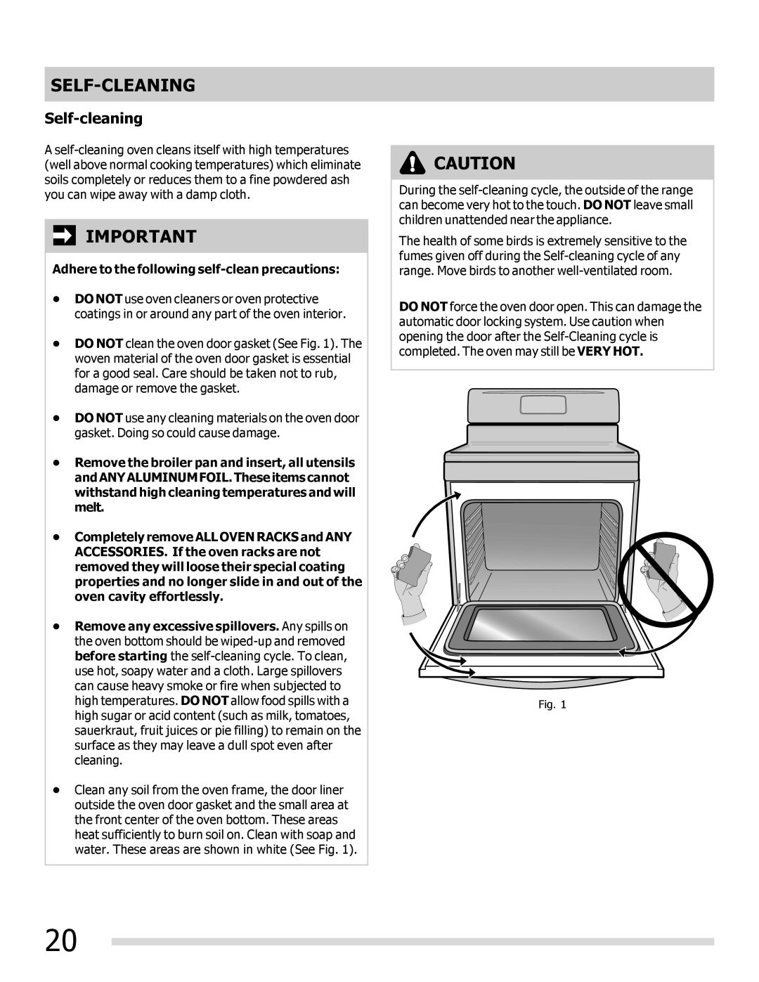 Frigidaire 316901309 Self-Cleaning, Self-cleaning, Adhere to the following self-clean precautions 