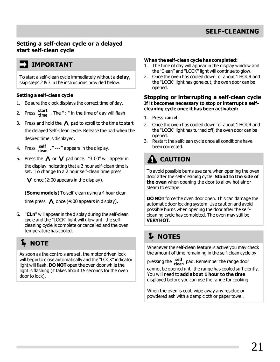 Frigidaire 316901309 important safety instructions Stopping or interrupting a self-clean cycle, Setting a self-clean cycle 