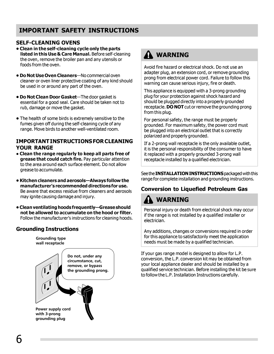 Frigidaire 316901309 important safety instructions Grounding Instructions, Conversion to Liquefied Petroleum Gas 