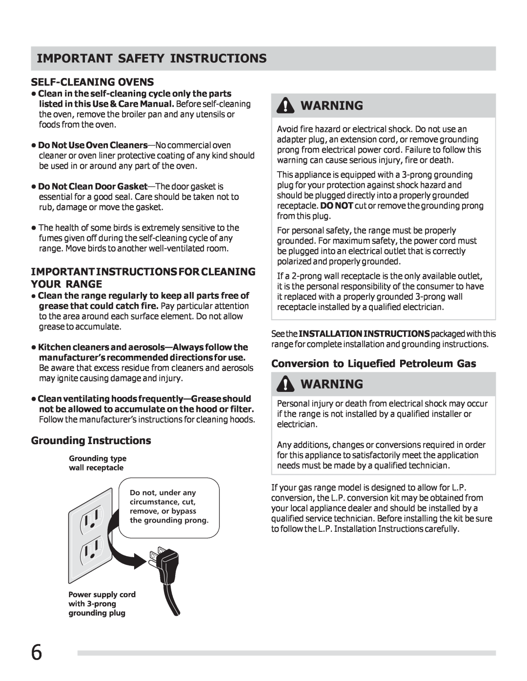 Frigidaire 316901309 Self-Cleaningovens, Important Instructions For Cleaning Your Range, Grounding Instructions 