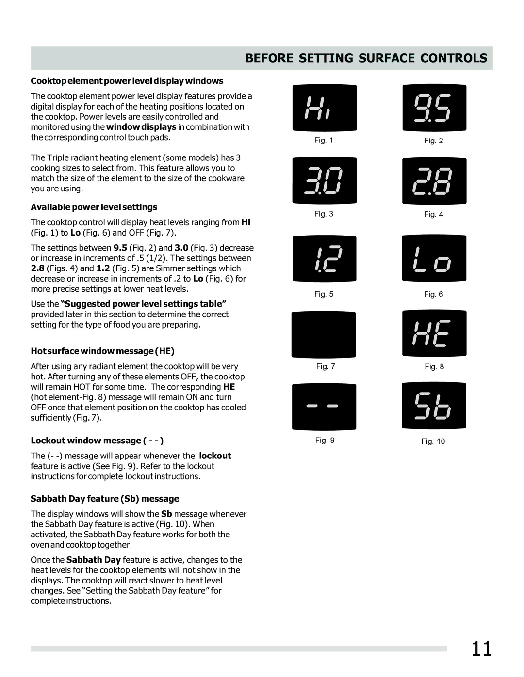 Frigidaire 316902202 Cooktop element power level display windows, Available power level settings, Lockout window message 