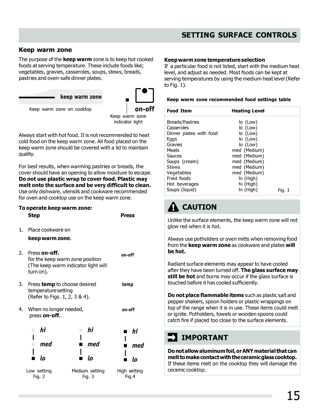 Frigidaire 316902202 important safety instructions Press on-off, Keep warm zone temperature selection 