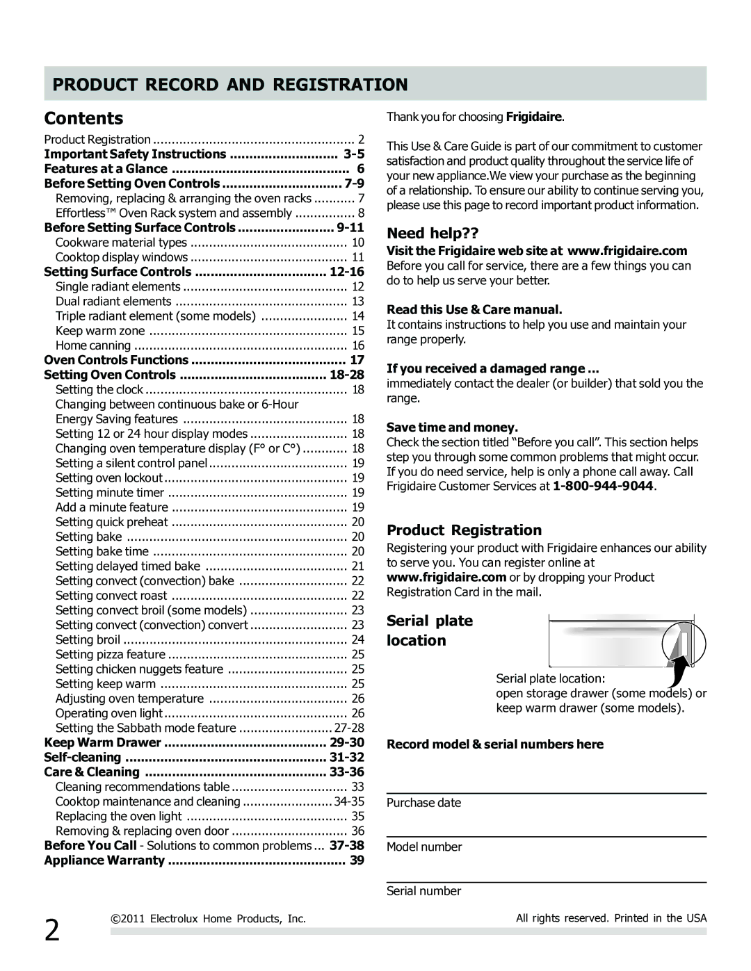 Frigidaire 316902202 important safety instructions Product Record and Registration, Contents 