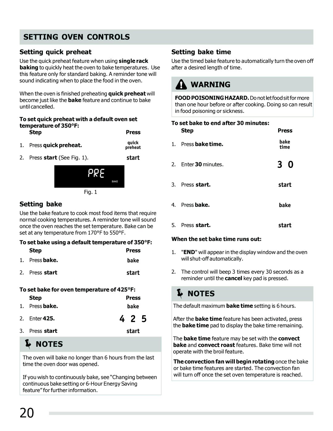 Frigidaire 316902202 Setting quick preheat, Setting bake time, When the set bake time runs out 