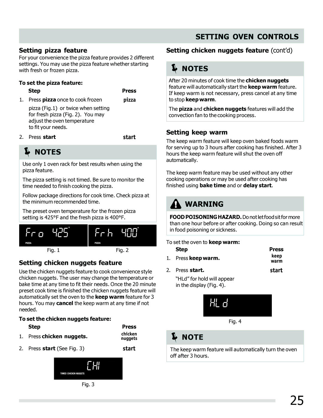 Frigidaire 316902202 Setting pizza feature, Setting chicken nuggets feature cont’d, Setting keep warm 