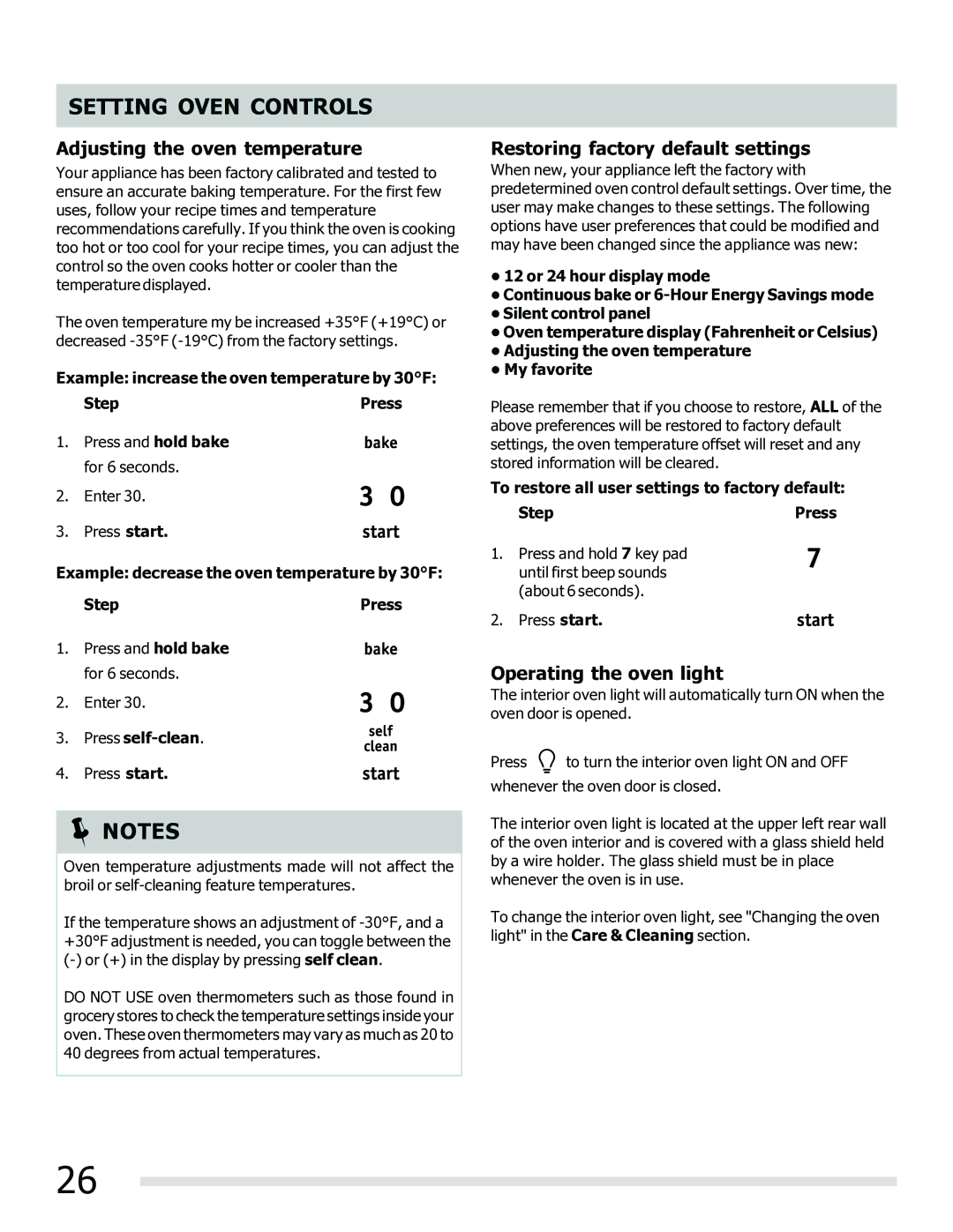 Frigidaire 316902202 Adjusting the oven temperature, Restoring factory default settings, Operating the oven light 