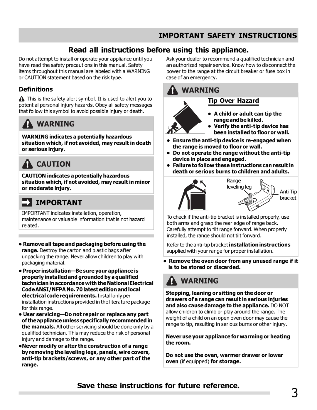 Frigidaire 316902202 important safety instructions Important Safety Instructions, Definitions, Tip Over Hazard 