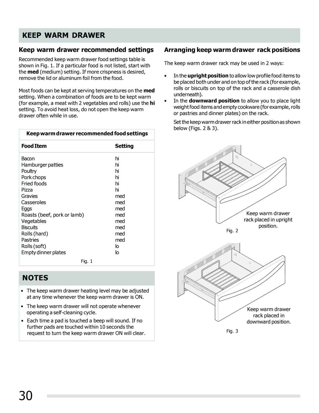 Frigidaire 316902202 Keep warm drawer recommended settings, Arranging keep warm drawer rack positions 