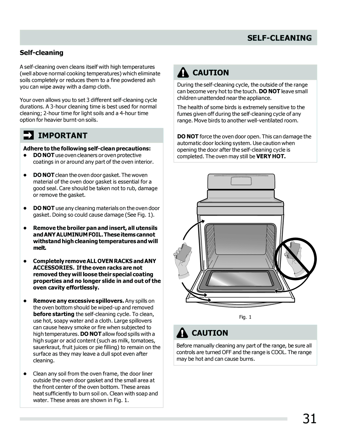 Frigidaire 316902202 Self-Cleaning, Self-cleaning, Adhere to the following self-clean precautions 