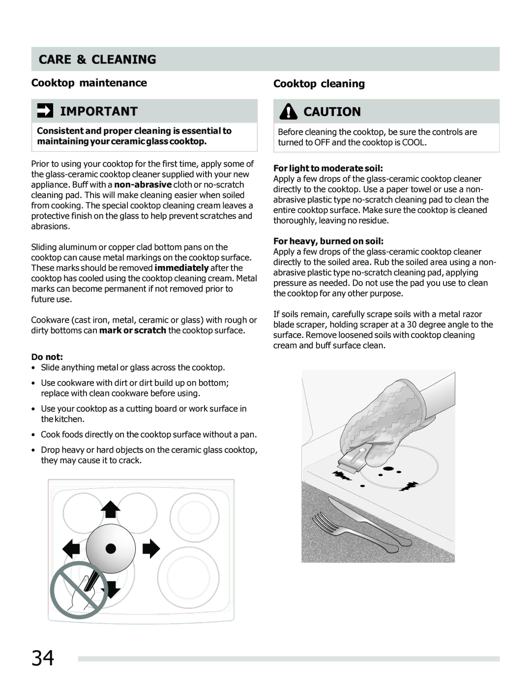 Frigidaire 316902202 Cooktop maintenance, Cooktop cleaning, Do not, For light to moderate soil, For heavy, burned on soil 