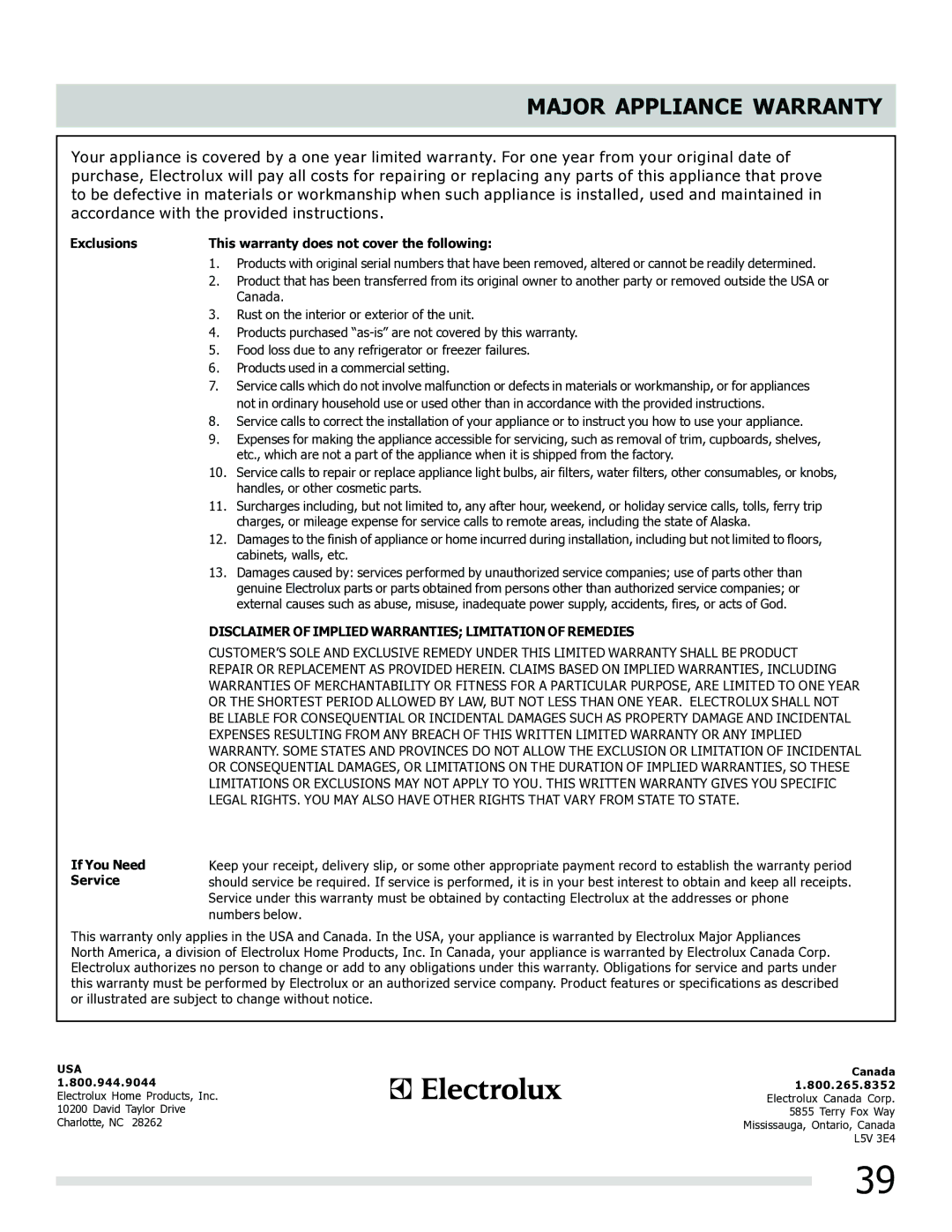 Frigidaire 316902202 Major Appliance Warranty, Disclaimer of Implied Warranties Limitation of Remedies 