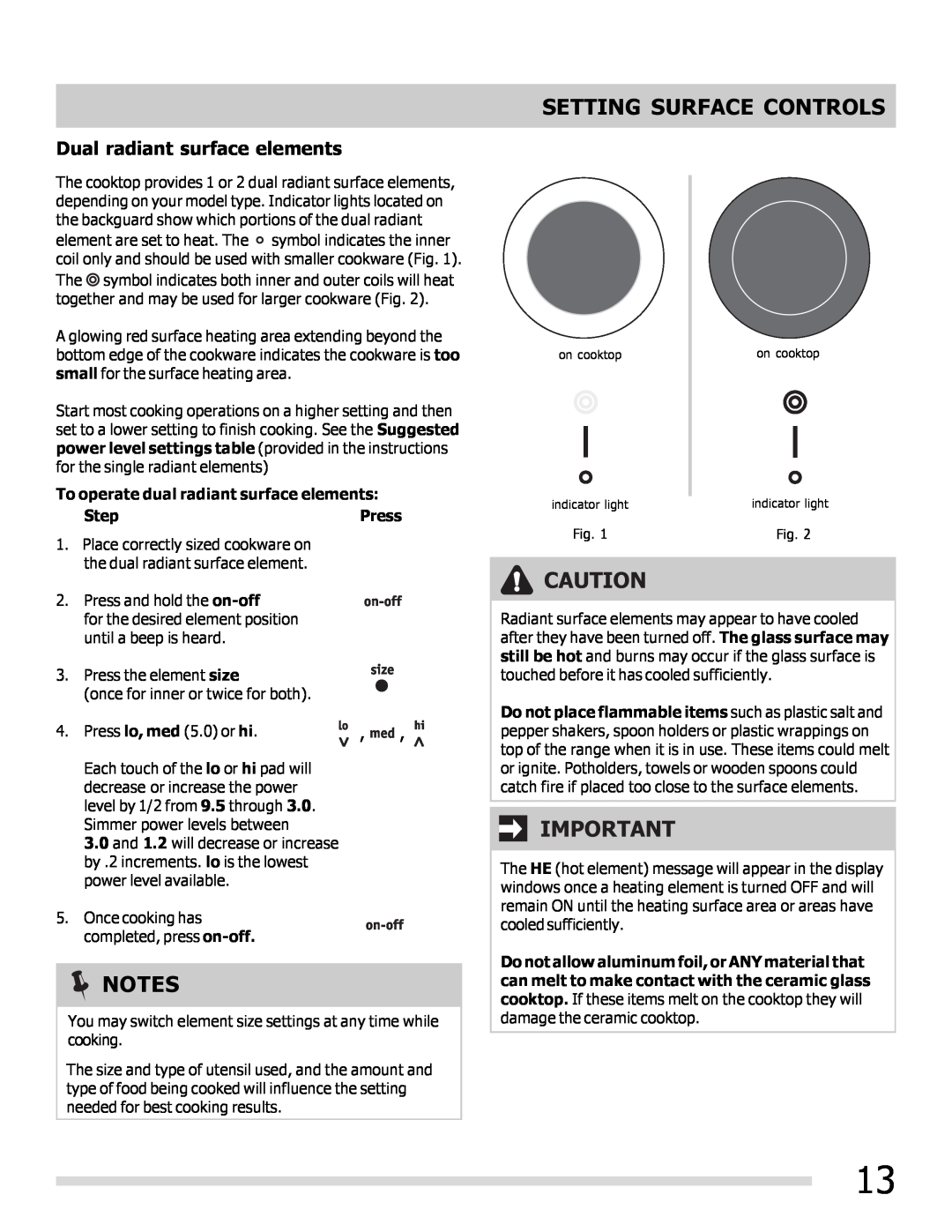 Frigidaire 316902202 important safety instructions Dual radiant surface elements, Setting Surface Controls 
