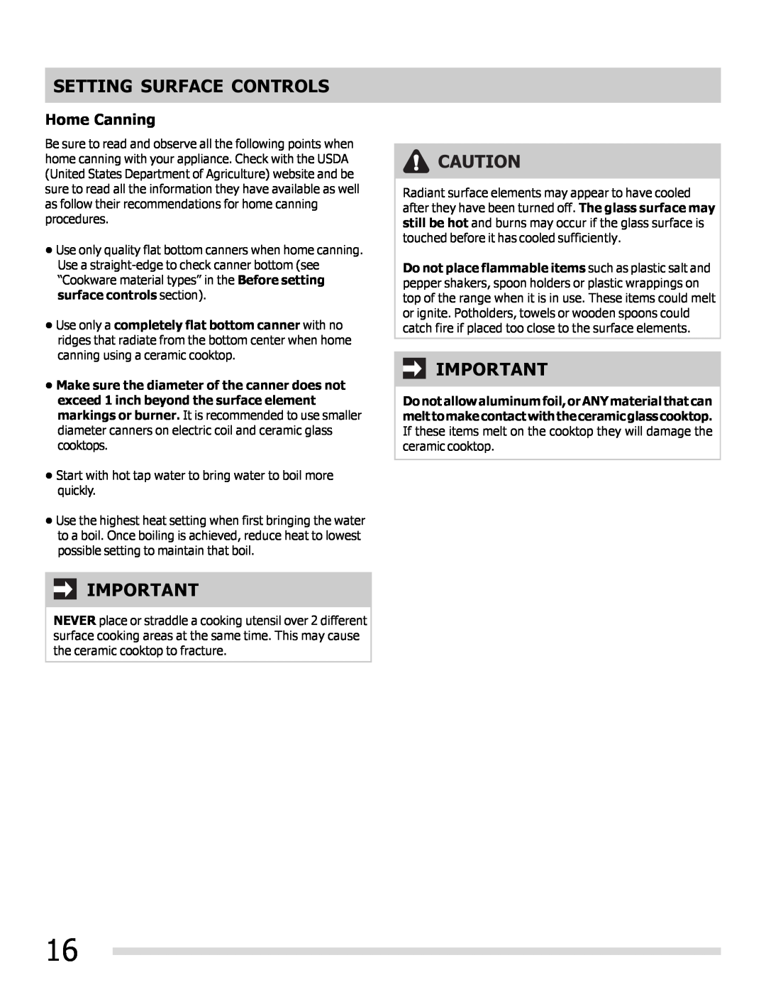Frigidaire 316902202 important safety instructions Home Canning, Setting Surface Controls 
