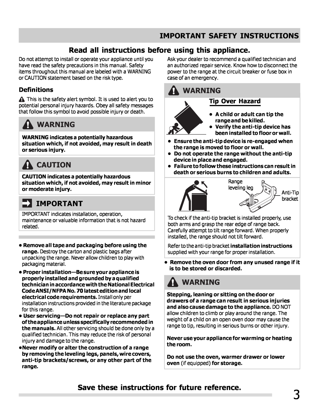 Frigidaire 316902202 Important Safety Instructions, Read all instructions before using this appliance, Definitions 