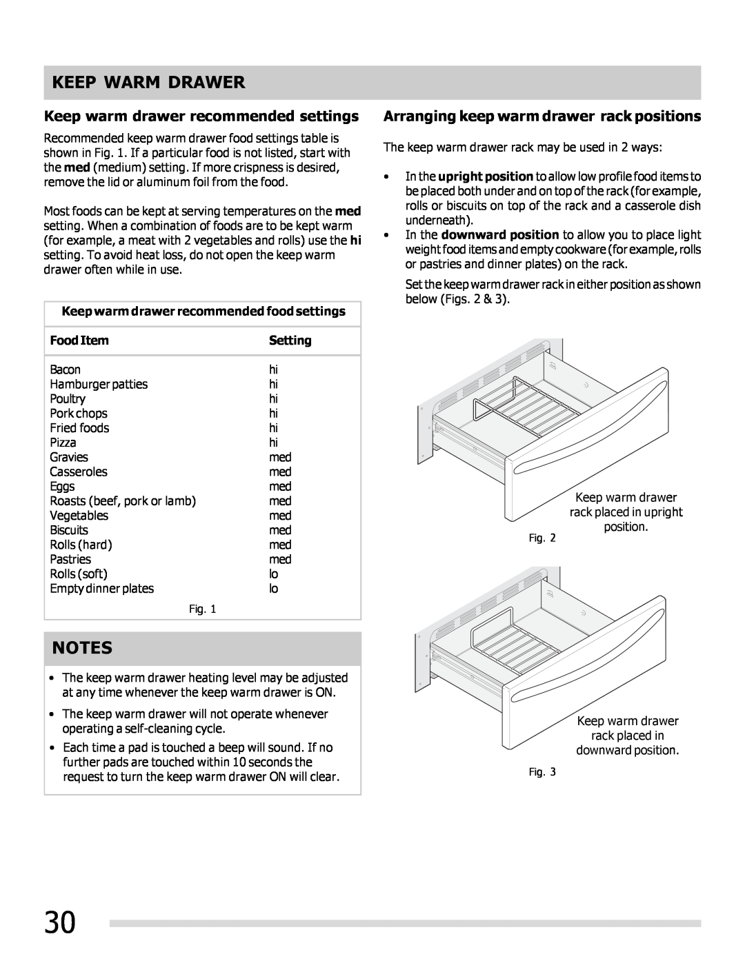Frigidaire 316902202 Keep warm drawer recommended settings, Arranging keep warm drawer rack positions, Keep Warm Drawer 
