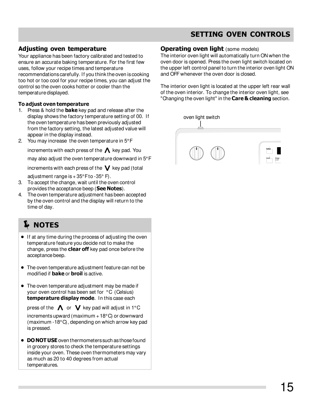 Frigidaire FFEF3012LW, 316902209 Adjusting oven temperature, Operating oven light some models, To adjust oven temperature 